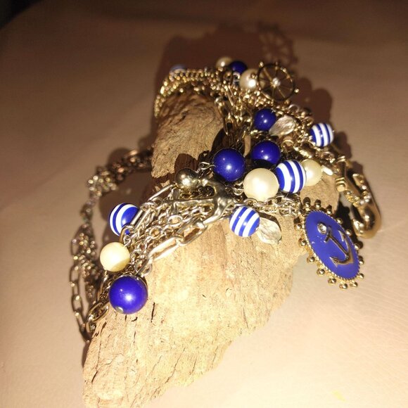 Large Gold Tone Nautical Paperclip Blue White Necklace Anchors Pearls Blue Beads - Picture 6 of 10